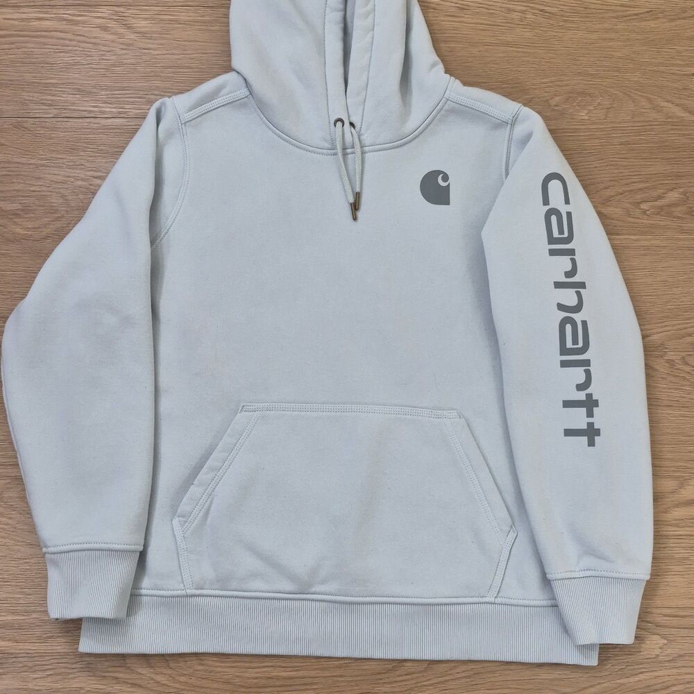 Carhartt Hoodie Women XL Mint Green Relaxed Fit Logo Spellout Sleeve Sweatshirt